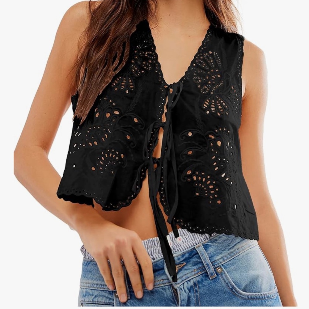 Summer light weight embroidery vest top with ties in front